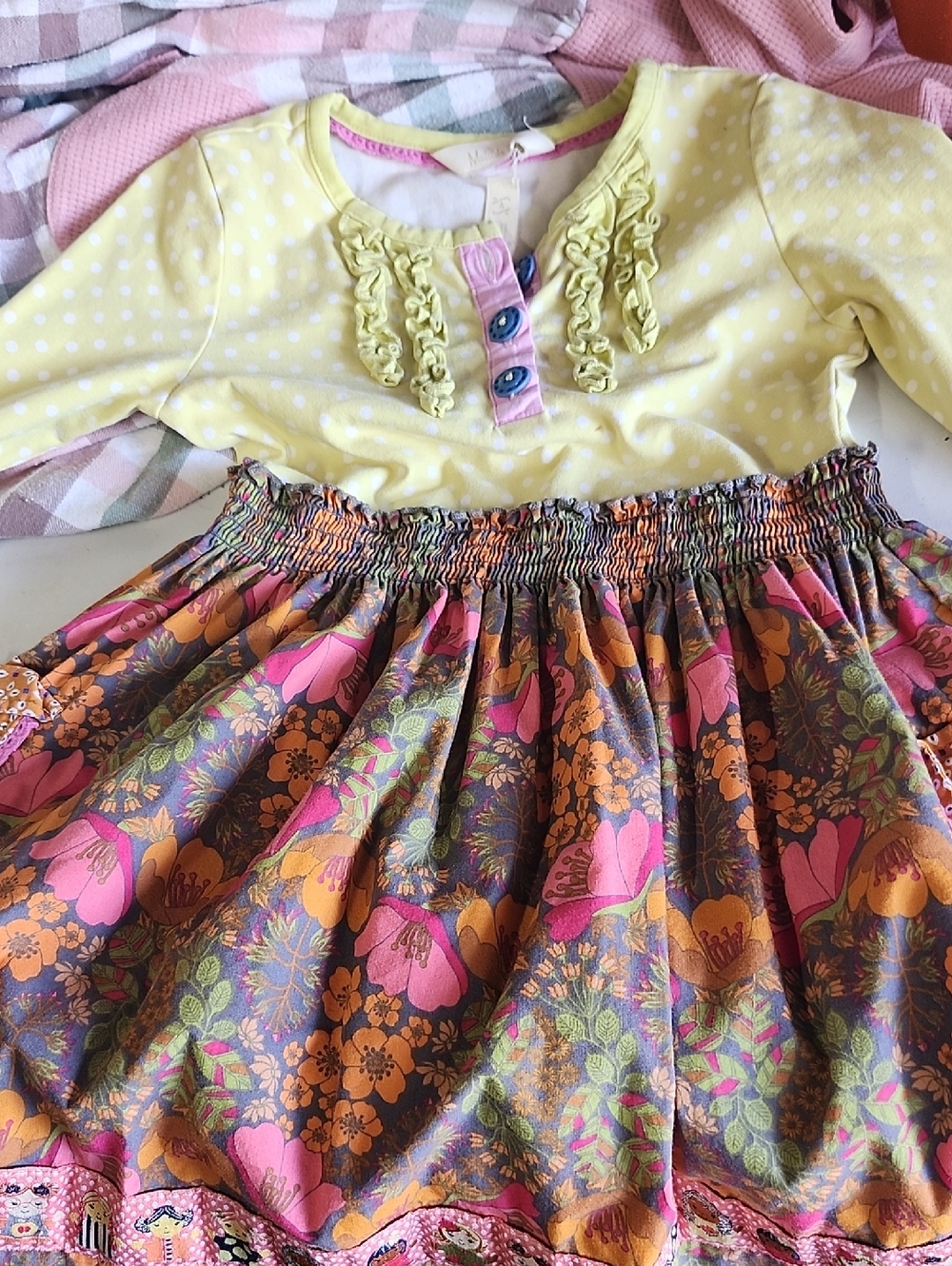 Matilda Jane Yellow Polka Dot Top with Pink & Orange Floral Skirt